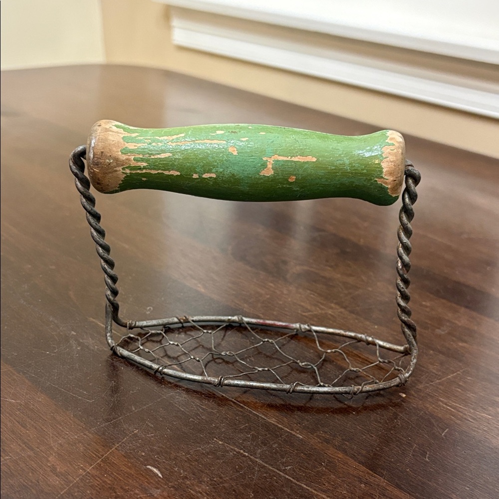 Vintage chicken wire potato masher distressed green wooden handle